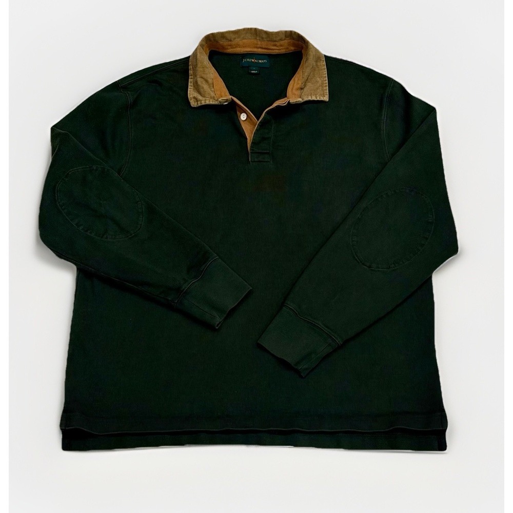 J Crew Always Rugby Shirt L Green Cotton Long Sleeve Oarsman Minimalist Patches